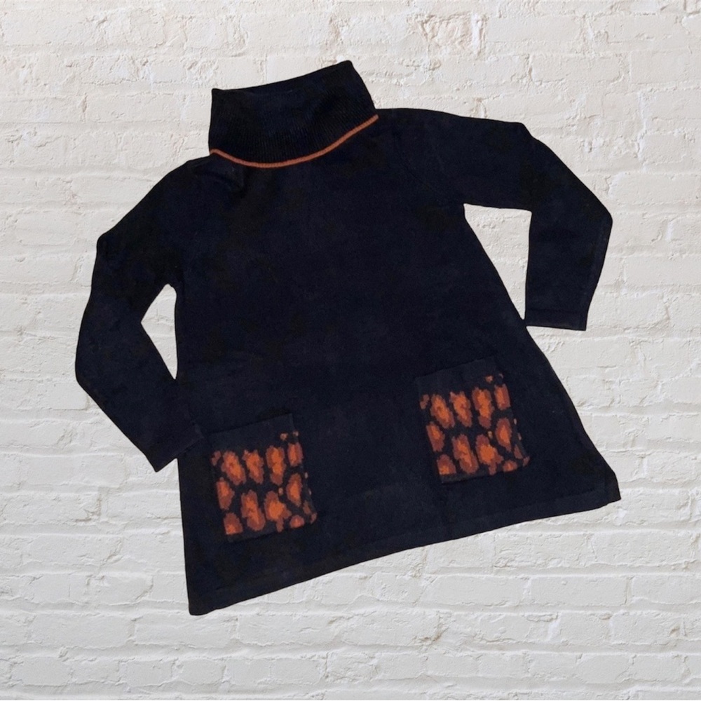 LOGO by Lori Goldstein Sweater Black Cowl Neck with Leopard Knit Pockets
